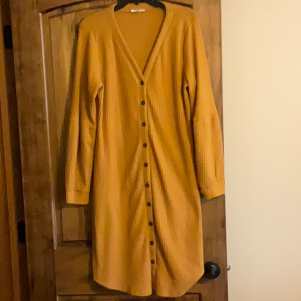 Maurices Mustard Yellow V-Neck Knee-Length Sweater Dress